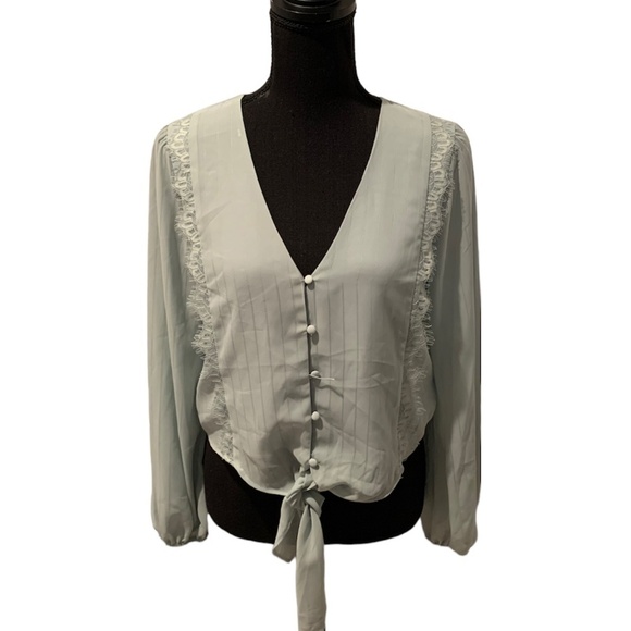 Wayf Lace Trim Knotted Long Sleeve Blouse in Sage Small NWT - Picture 1 of 7